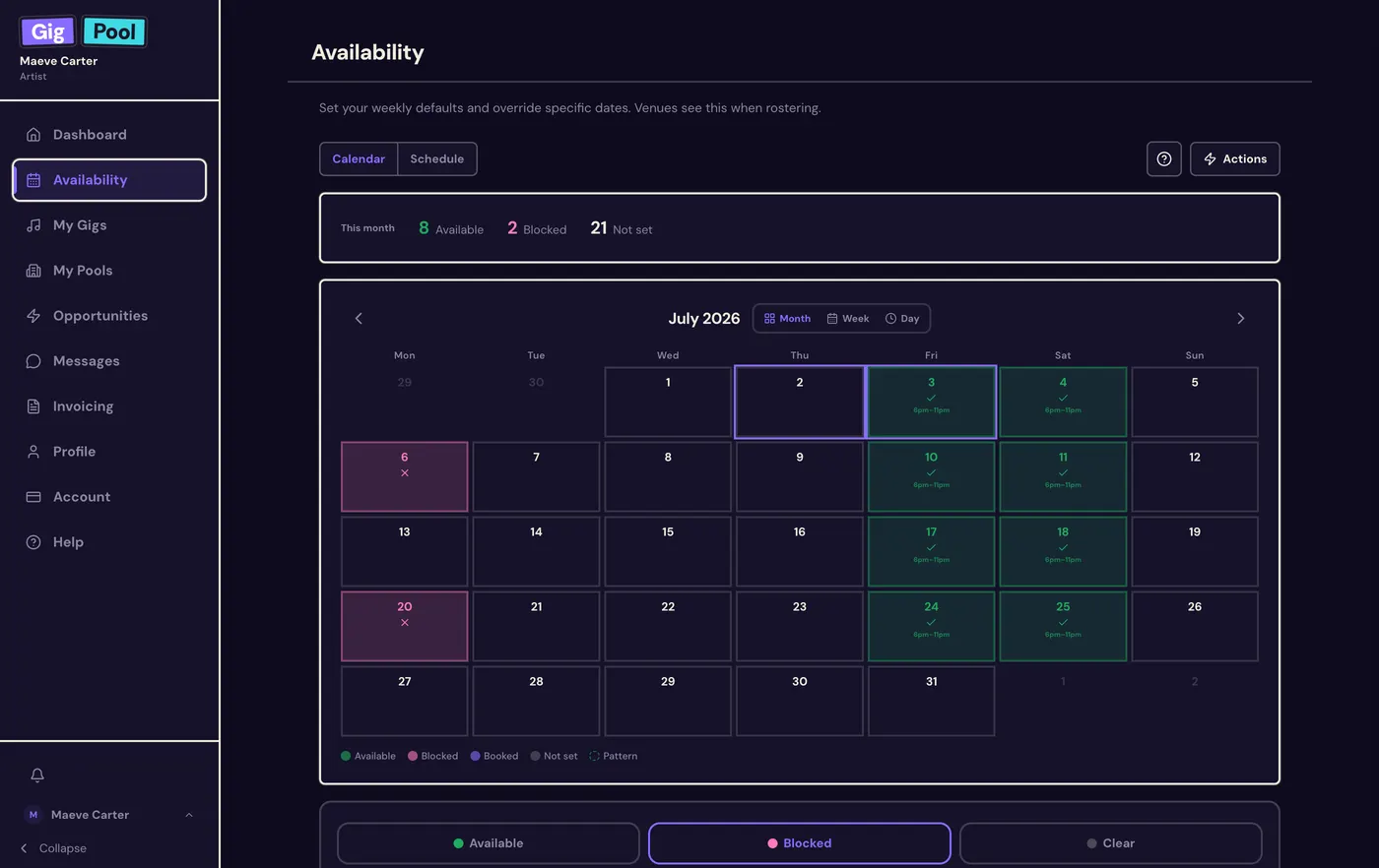 An artist’s availability calendar on Gig Pool: open windows, blocked-out dates, and exceptions that venues see before they pitch a gig.