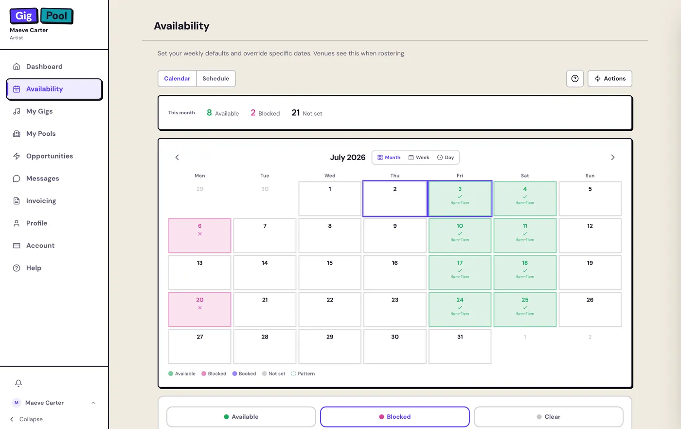 An artist’s availability calendar on Gig Pool: open windows, blocked-out dates, and exceptions that venues see before they pitch a gig.