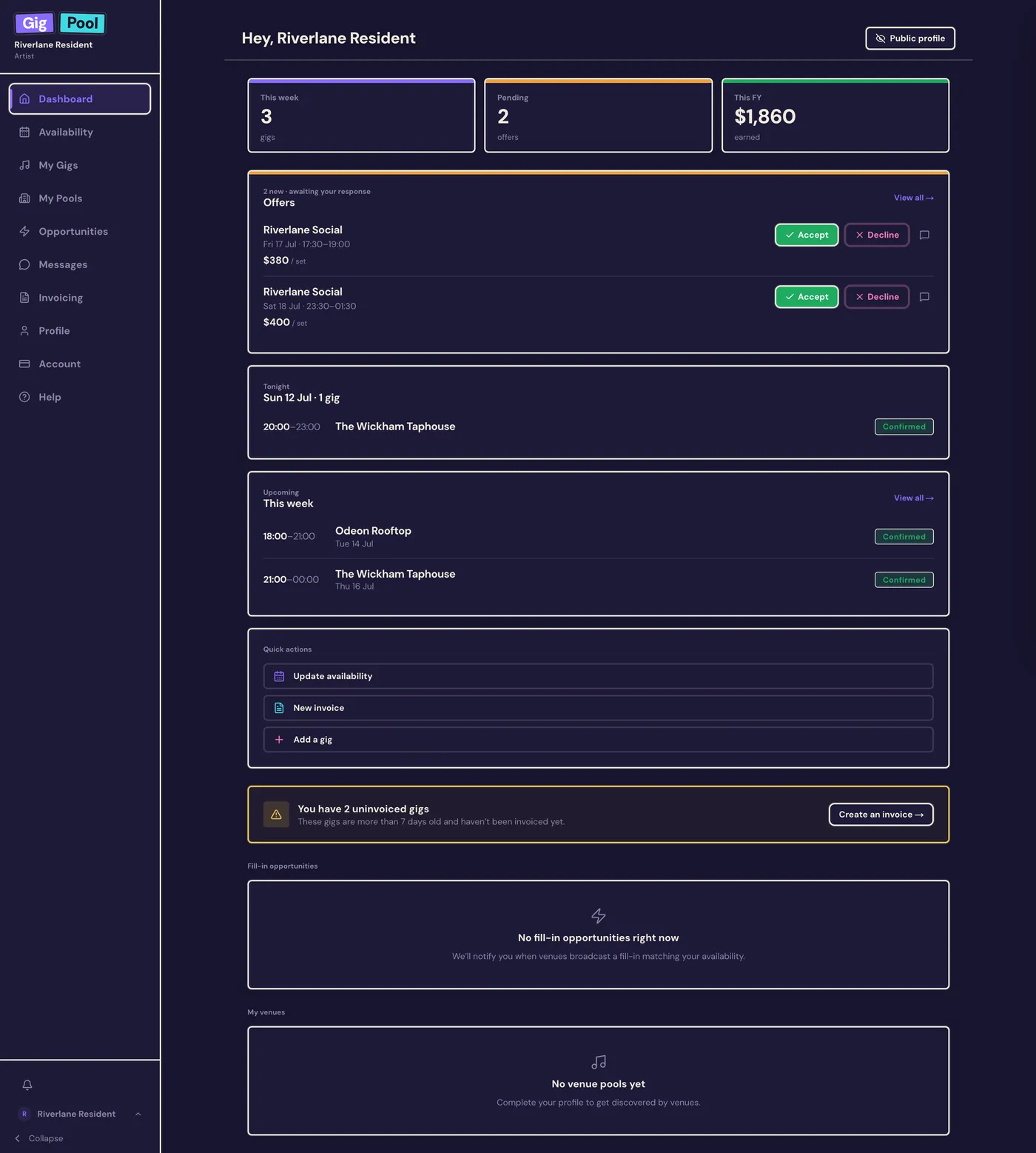 The Gig Pool artist dashboard: pending offers with accept and decline buttons, tonight’s gig and this week’s confirmed bookings.