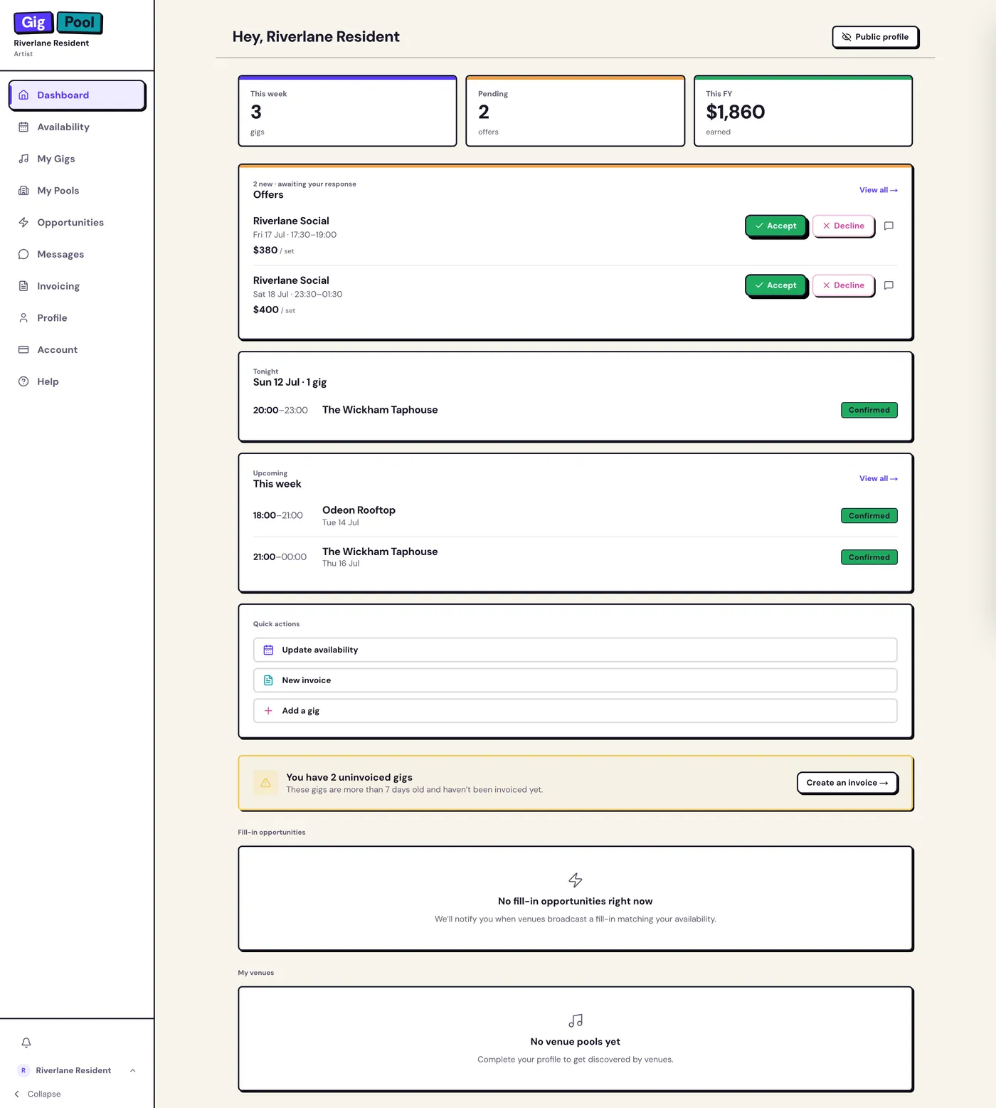 The Gig Pool artist dashboard: pending offers with accept and decline buttons, tonight’s gig and this week’s confirmed bookings.