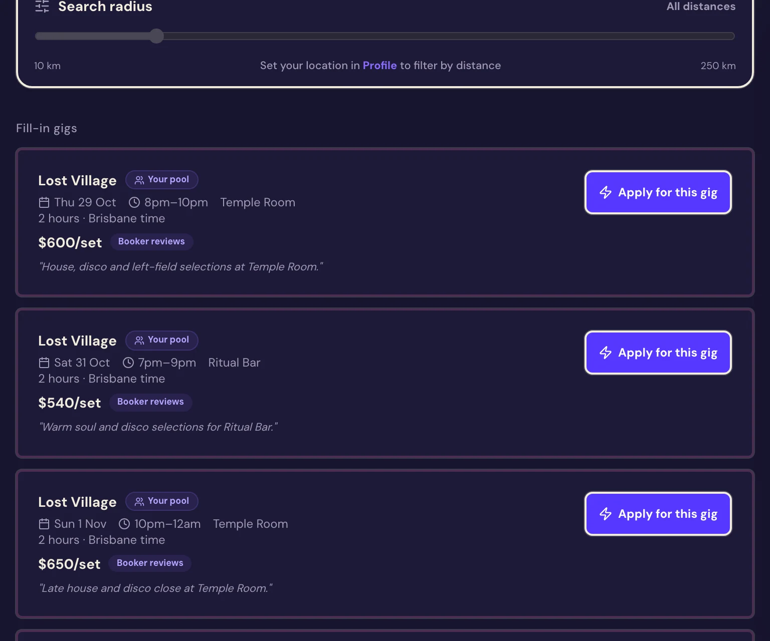 Velour’s Opportunities in Gig Pool: fill-in gigs at Lost Village with the date, set time, fee and an Apply button.