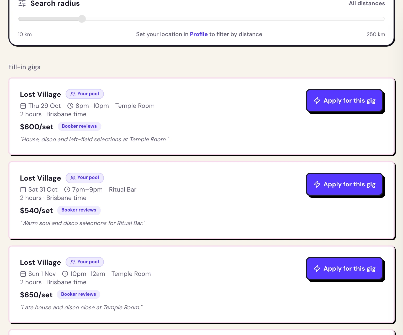 Velour’s Opportunities in Gig Pool: fill-in gigs at Lost Village with the date, set time, fee and an Apply button.