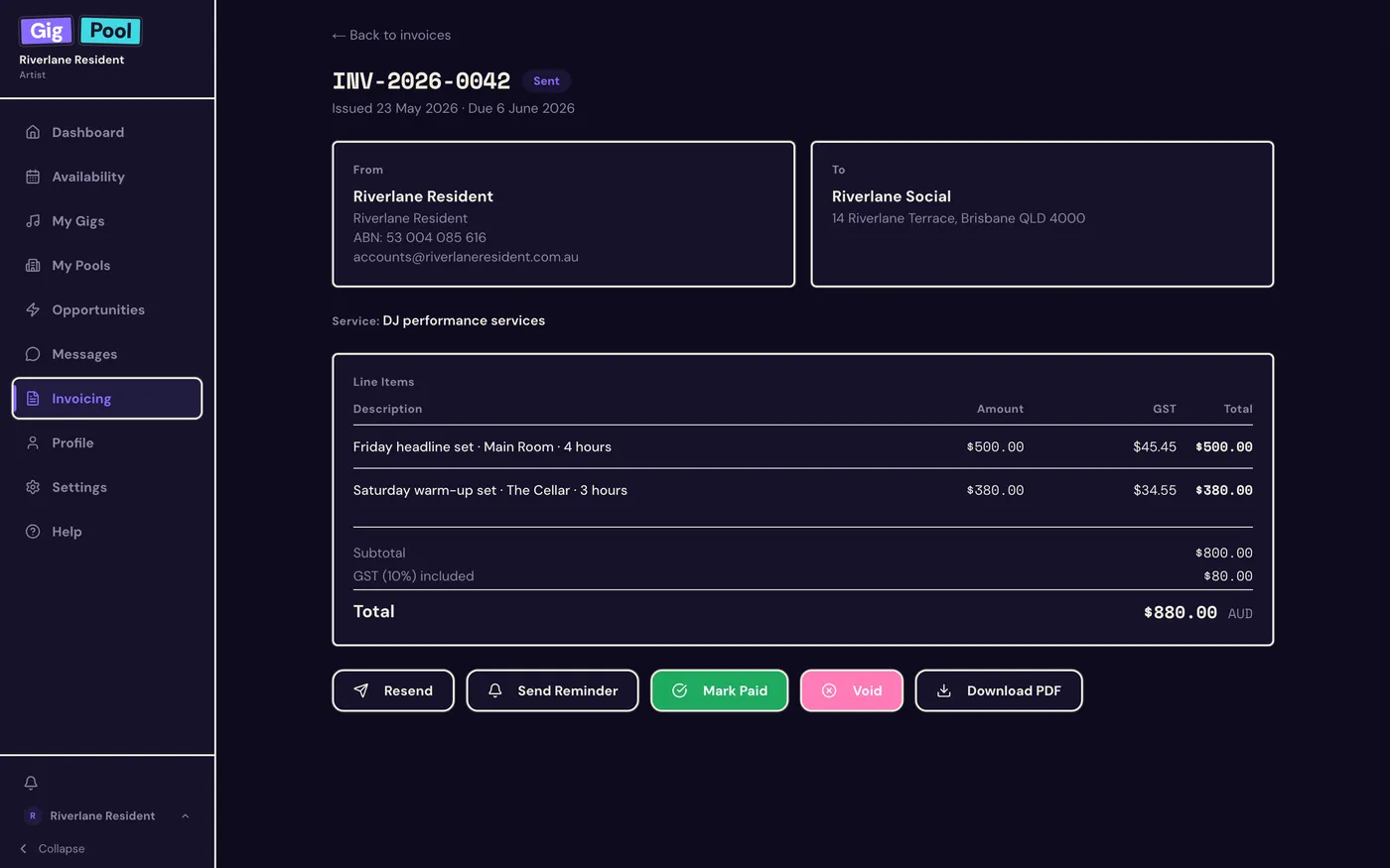 A Gig Pool invoice generated from a booking: line items, GST, and a PDF ready to send to the venue by email.