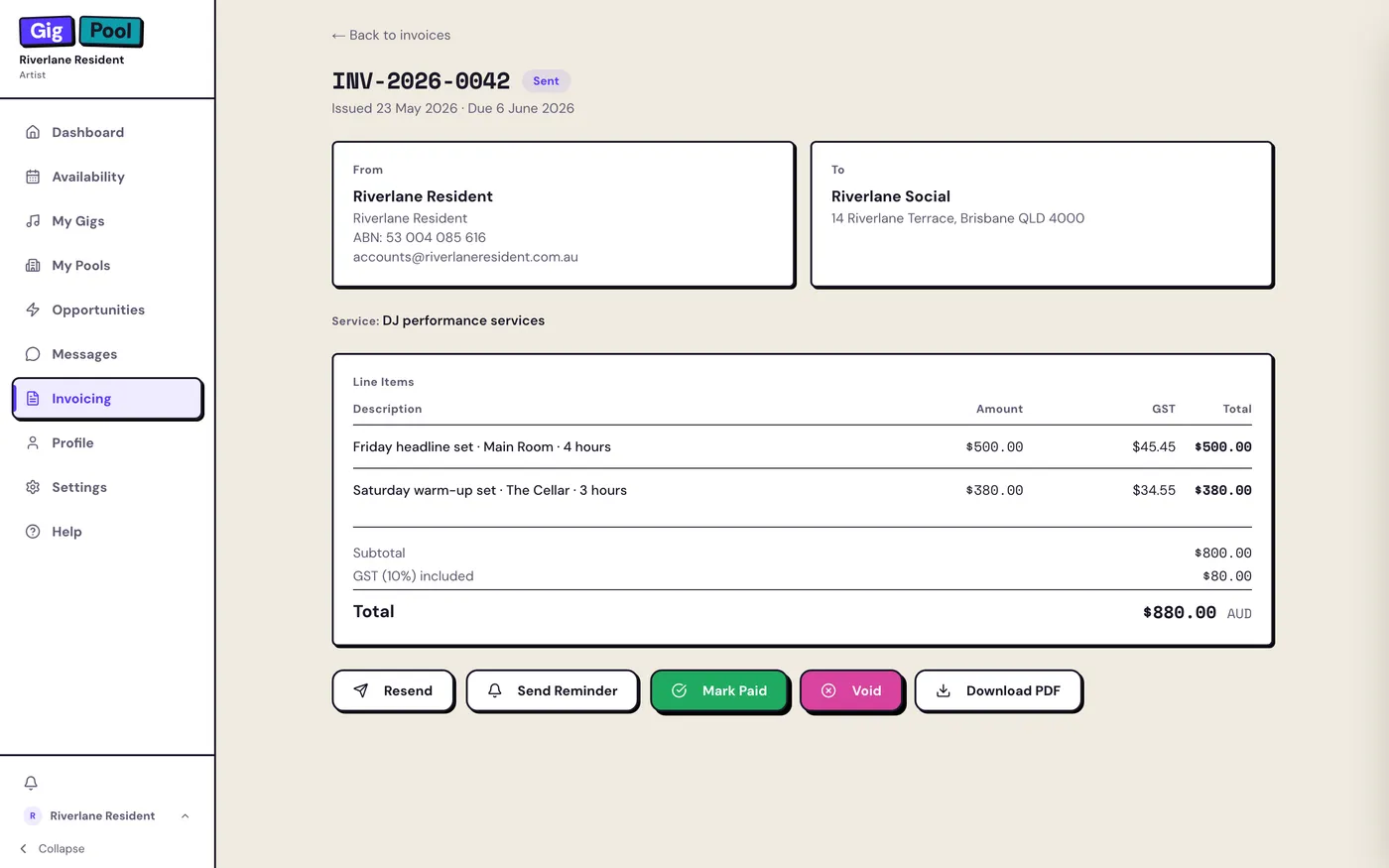 A Gig Pool invoice generated from a booking: line items, GST, and a PDF ready to send to the venue by email.