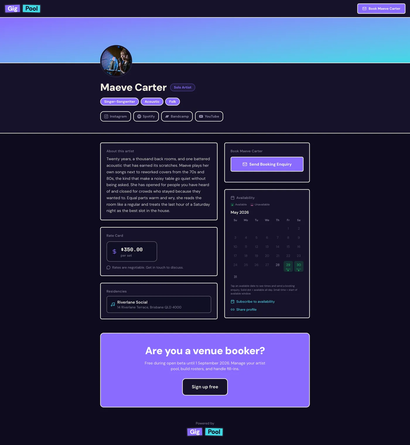 A DJ public profile (press kit) on Gig Pool: bio, genre tags, mixes, photos, and social links that bookers browse before they offer the gig.