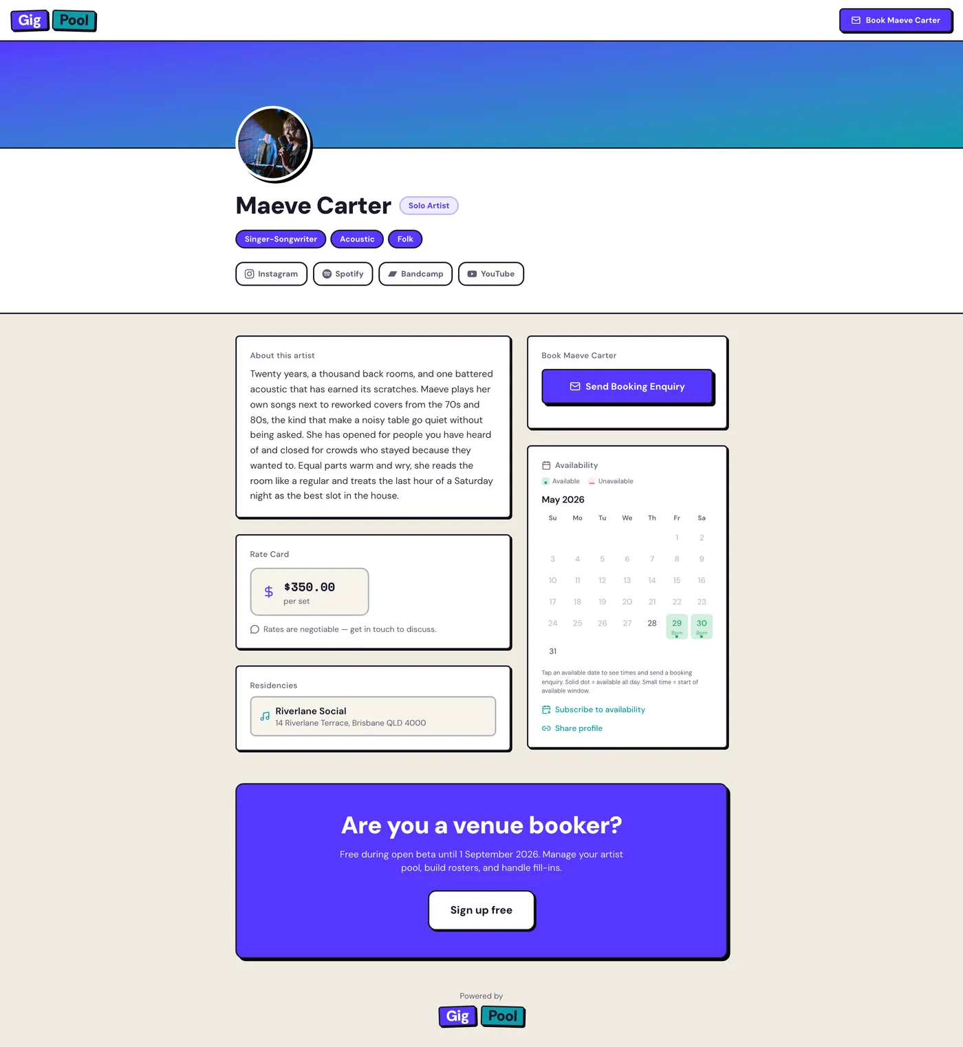 A DJ public profile (press kit) on Gig Pool: bio, genre tags, mixes, photos, and social links that bookers browse before they offer the gig.