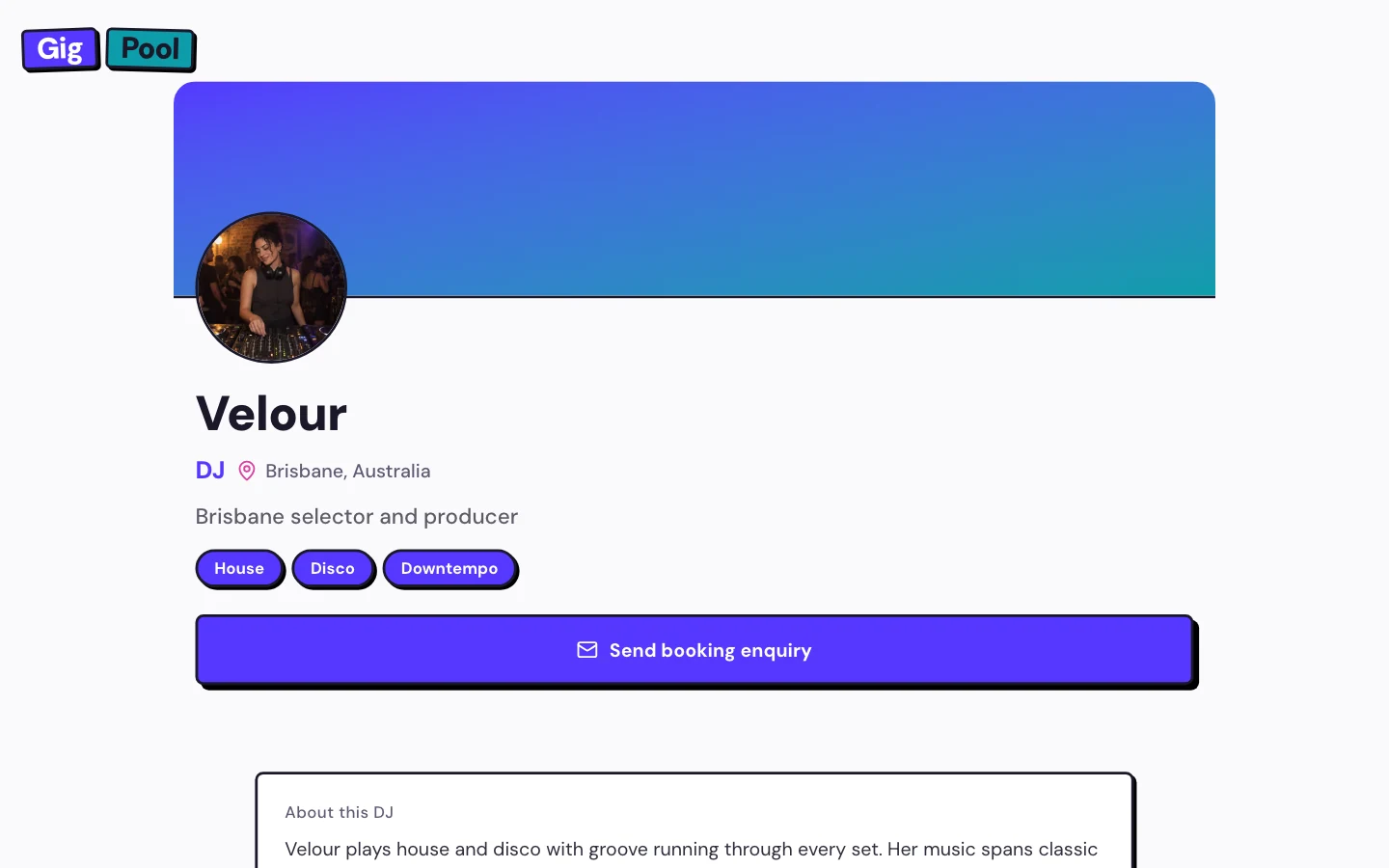 Velour’s artist profile with music, biography, Brisbane location and a booking enquiry action.