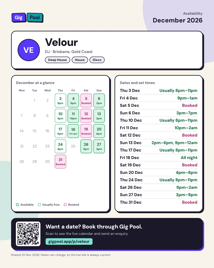 Velour’s shared availability for December: a month calendar, every open date with its set times, booked nights, and a QR code to the profile.
