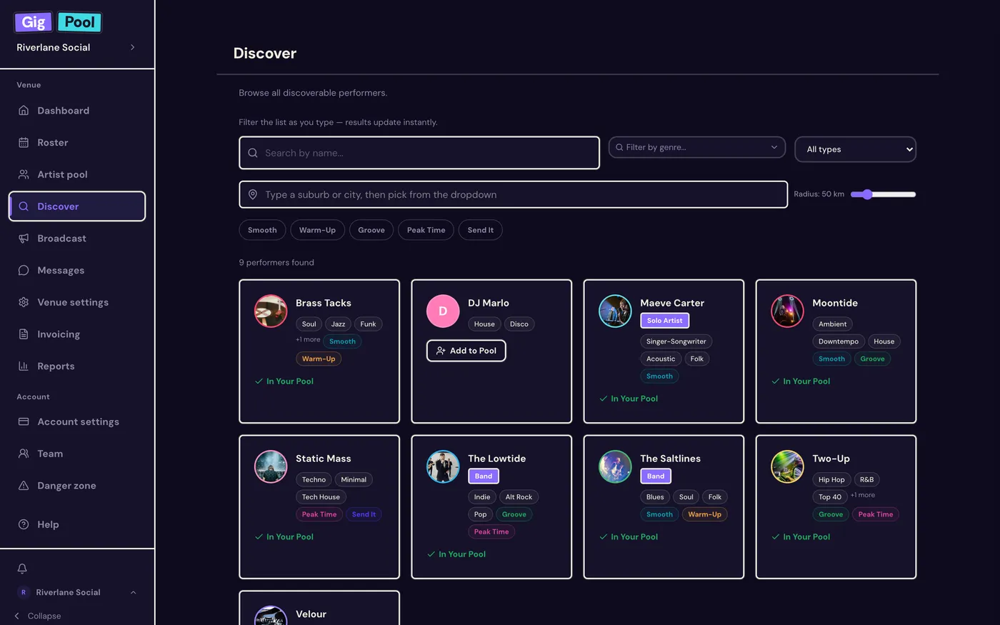 Gig Pool discover: artist cards filtered by genre, vibe, and availability, each with mixes and a press kit a booker can browse.