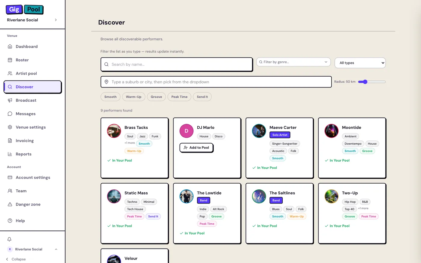 Gig Pool discover: artist cards filtered by genre, vibe, and availability, each with mixes and a press kit a booker can browse.