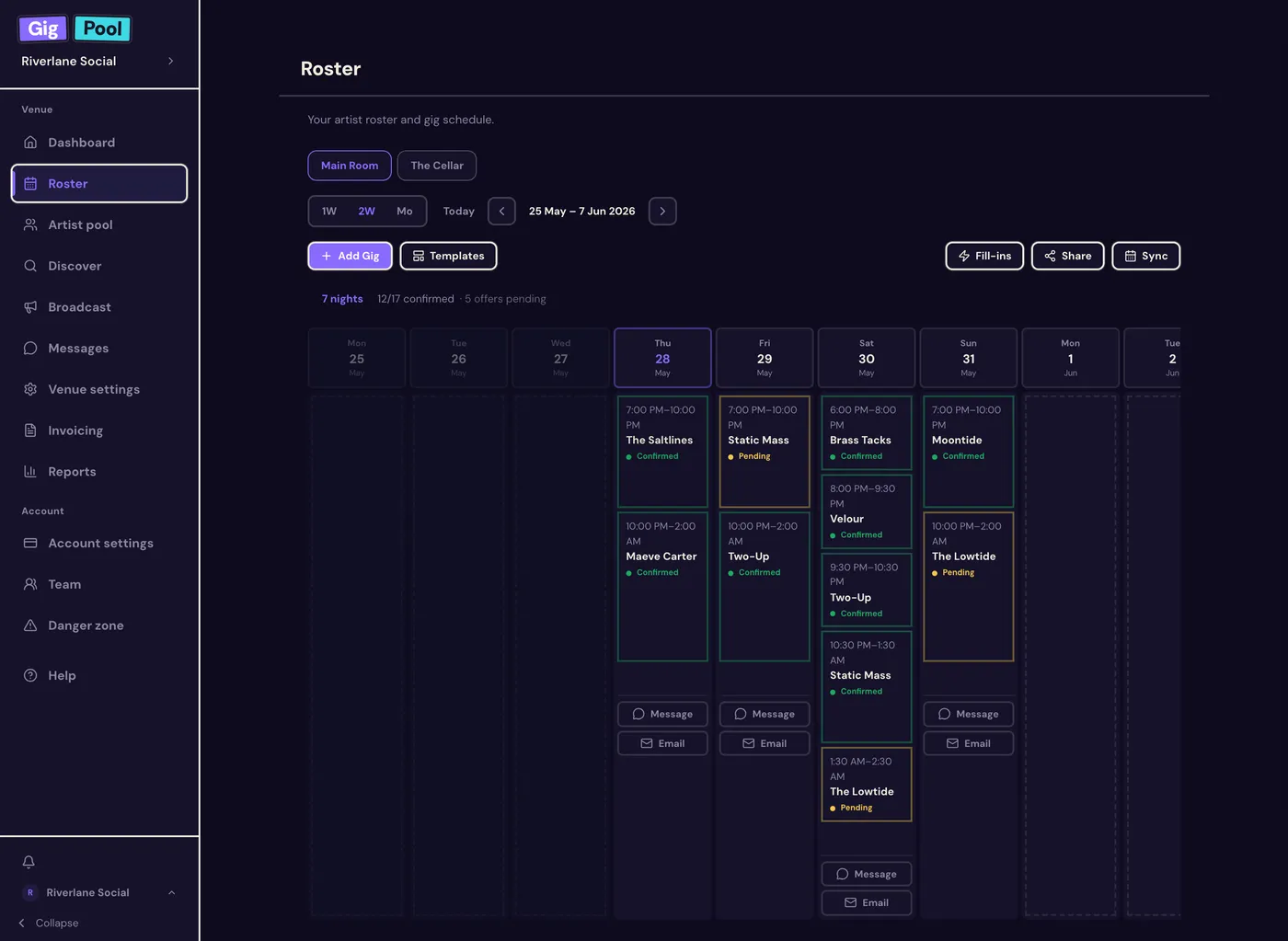 The Gig Pool roster: a week of slots across rooms, showing which are filled, pending, and still open.