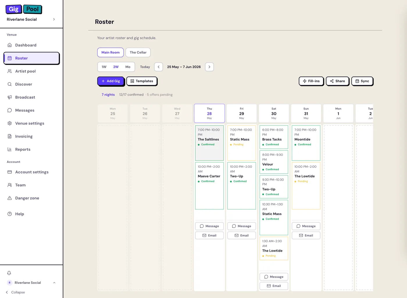 The Gig Pool roster: a week of slots across rooms, showing which are filled, pending, and still open.