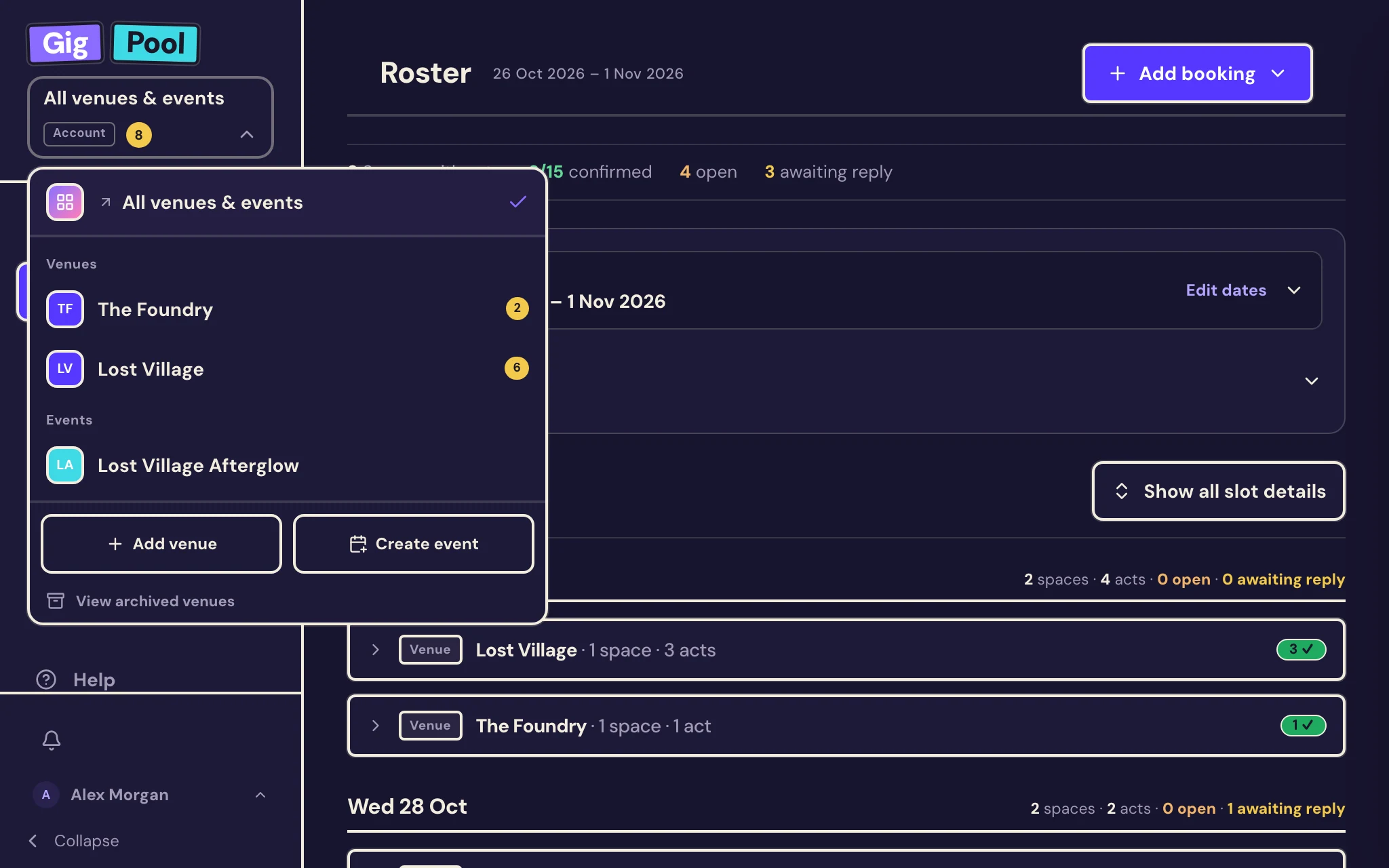 Gig Pool’s venue switcher open: All venues and events, The Foundry and Lost Village, and the Lost Village Afterglow event, each with what needs attention.