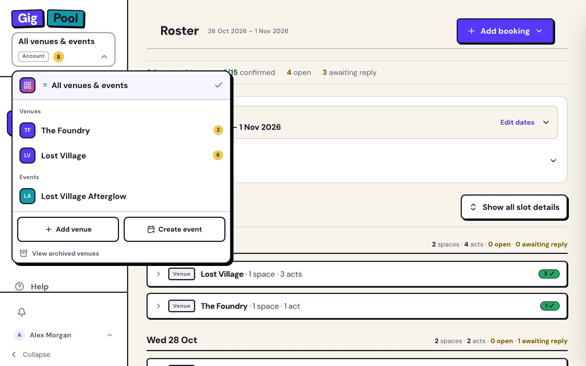 Gig Pool’s venue switcher open: All venues and events, The Foundry and Lost Village, and the Lost Village Afterglow event, each with what needs attention.
